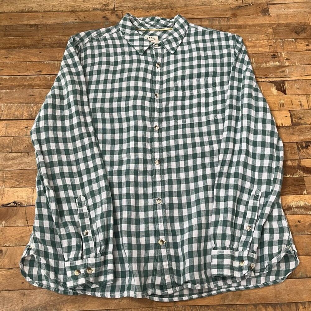 Fatface Linen Button Down Shirt Green Gingham Men's Size 2XL